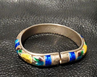 Antique Chinese Bangle, Enamel and Sterling Silver, Hallmarked, Qing Dynasty 1800s