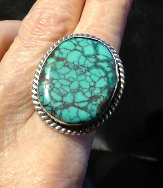 Turquoise Spiderweb Ring, Kingman, Sterling, Navaj