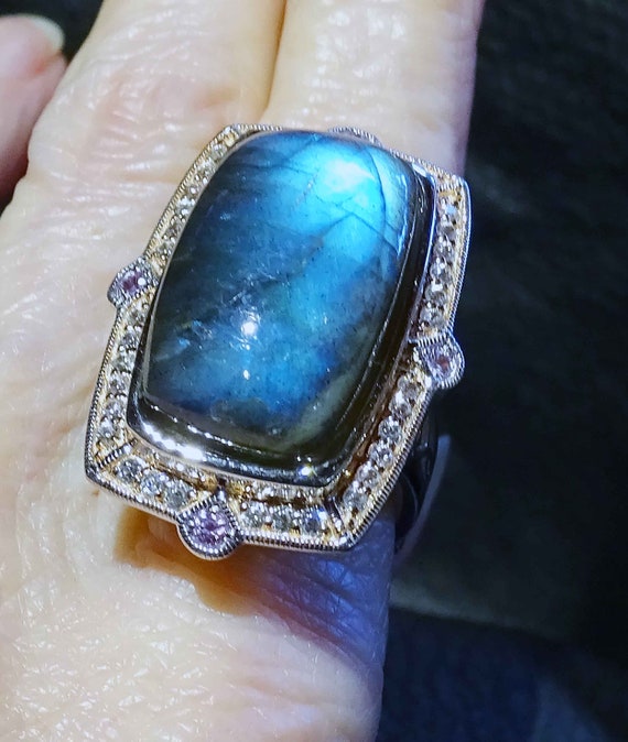 Labradorite Statement Ring, Sapphire, Sterling - image 2