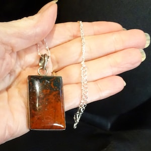 May include: A rectangular pendant necklace with a silver chain. The pendant features a polished, reddish-brown stone with dark green and black inclusions, set in a silver frame. The chain is delicate and has a simple link design.