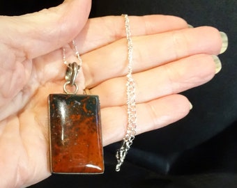 Bloodstone Pendant Necklace, Sterling Silver Chain, Vintage