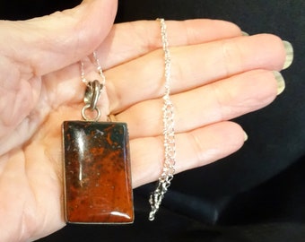 Bloodstone Pendant Necklace, Sterling Silver Chain, Vintage Jewelry