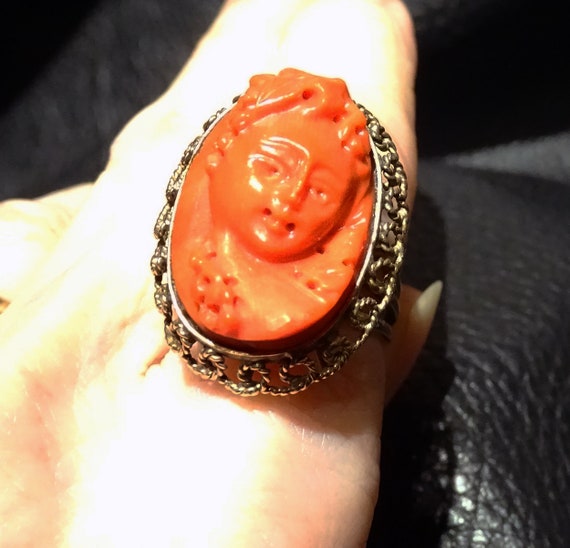 Coral Cameo Ring, 14K Gold, Victorian - image 8