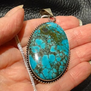 May include: A silver pendant with a large oval turquoise stone. The stone has a blue and green marbled pattern.