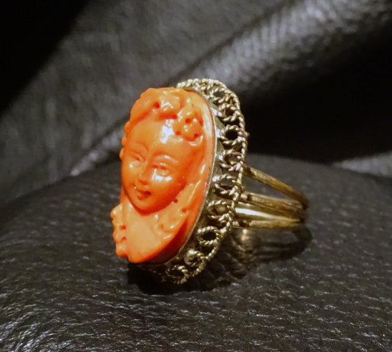 Coral Cameo Ring, 14K Gold, Victorian - image 5