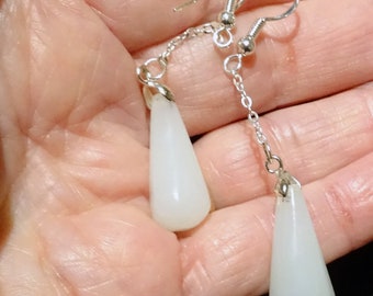 Jade Dangle Earrings, White Nephrite, Sterling Silver
