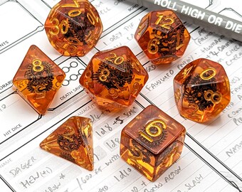 Steampunk Amber Dice Set | 7pc Resin Polyhedral Dice Set for Tabletop Role Playing Games such as Dungeons and Dragons (DnD, D&D)