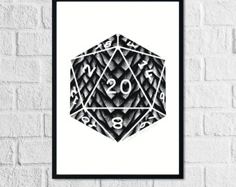 D20 zilveren draak schaal Art Print | Geïnspireerd door de Dragon-kleuren van Dungeons and Dragons, D&D, DnD