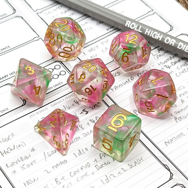Juego de dados Wisp Rose / Juego de dados poliédricos de resina de 7 piezas para juegos de rol de mesa como mazmorras y dragones (DnD, D&D)