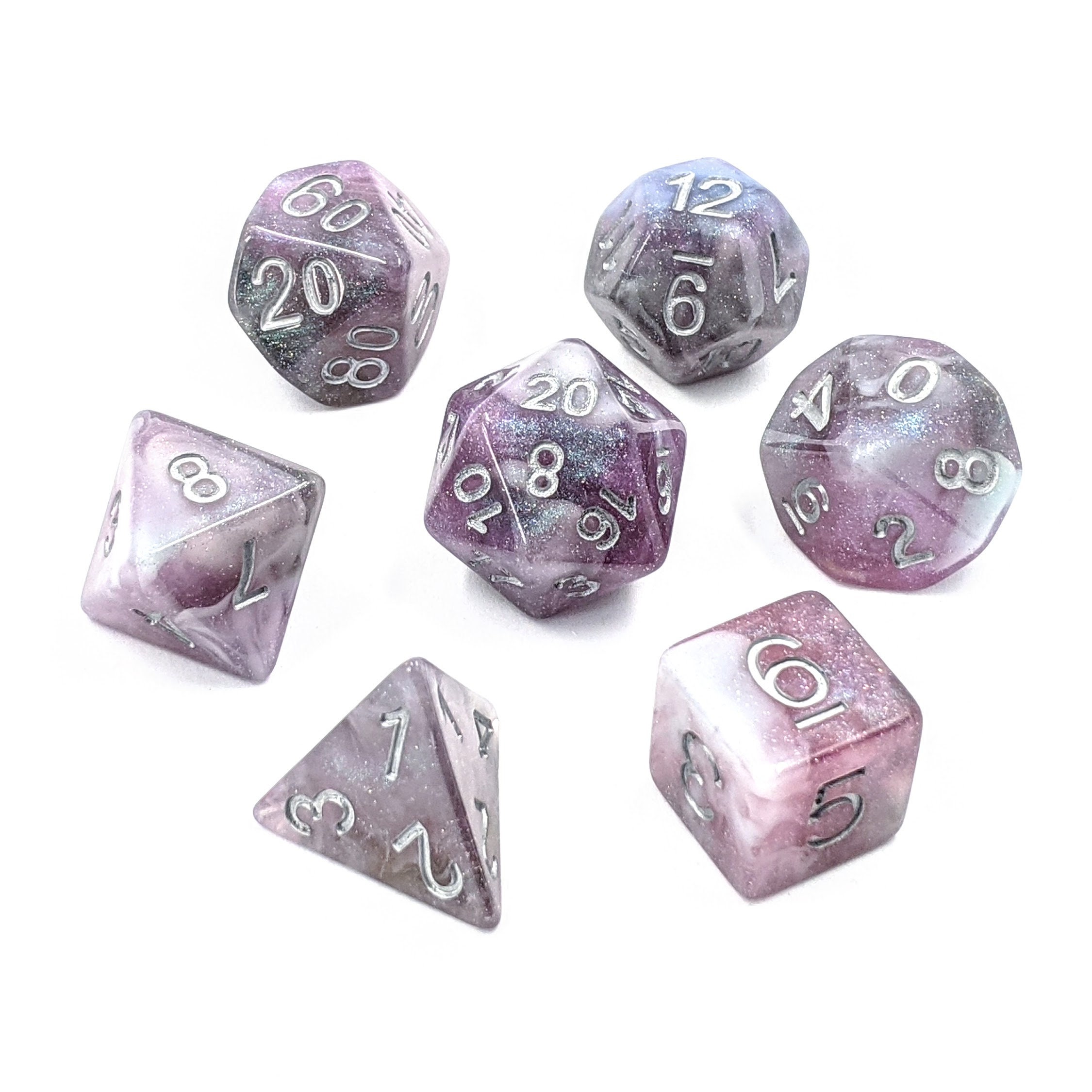 Dice Chessex Gemini Purple Steel 7-dice Set Marble Shiny D20 Gray RPG D6 26432 for sale online 