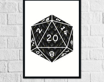 D20 Black Dragon Scale Art Print | Inspired by the Dragon colours from Dungeons and Dragons, D&D, DnD