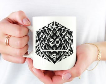 D20 Silver Dragon Scales Mug | 11oz White Ceramic Mug for fans of Tabletop Role Playing Games such as Dungeons and Dragons (DnD, D&D)