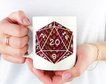 D20 Red Dragon Scales Mug | 11oz White Ceramic Mug for fans of Tabletop Role Playing Games such as Dungeons and Dragons (DnD, D&D)