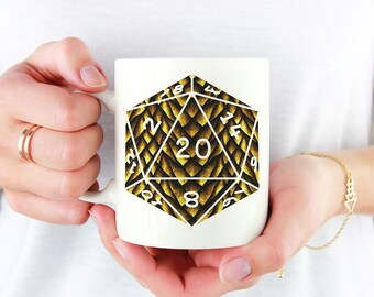 D20 Brass Dragon Scales Mug | 11oz White Ceramic Mug for fans of Tabletop Role Playing Games such as Dungeons and Dragons (DnD, D&D)