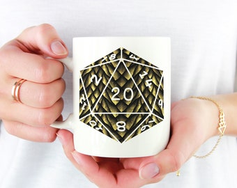 D20 Gold Dragon Scales Mug | 11oz White Ceramic Mug for fans of Tabletop Role Playing Games such as Dungeons and Dragons (DnD, D&D)