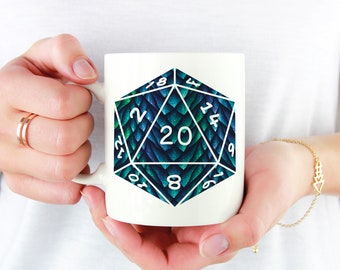 D20 Blue Dragon Scales Mug | 11oz White Ceramic Mug for fans of Tabletop Role Playing Games such as Dungeons and Dragons (DnD, D&D)