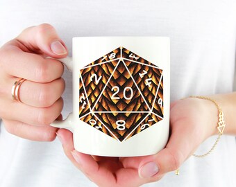 D20 Copper Dragon Scales Mug | 11oz White Ceramic Mug for fans of Tabletop Role Playing Games such as Dungeons and Dragons (DnD, D&D)