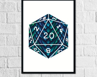 May include: A 20-sided die with a blue and green dragon scale pattern. The numbers 2, 12, 20, 8, 16, 19, 14, 4, 18, 1, 10, 6, 17, 3, 9, 7, 5, 11, and 13 are printed on the die.