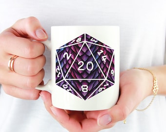 D20 Faerie Dragon Scales Mug | 11oz White Ceramic Mug for fans of Tabletop Role Playing Games such as Dungeons and Dragons (DnD, D&D)