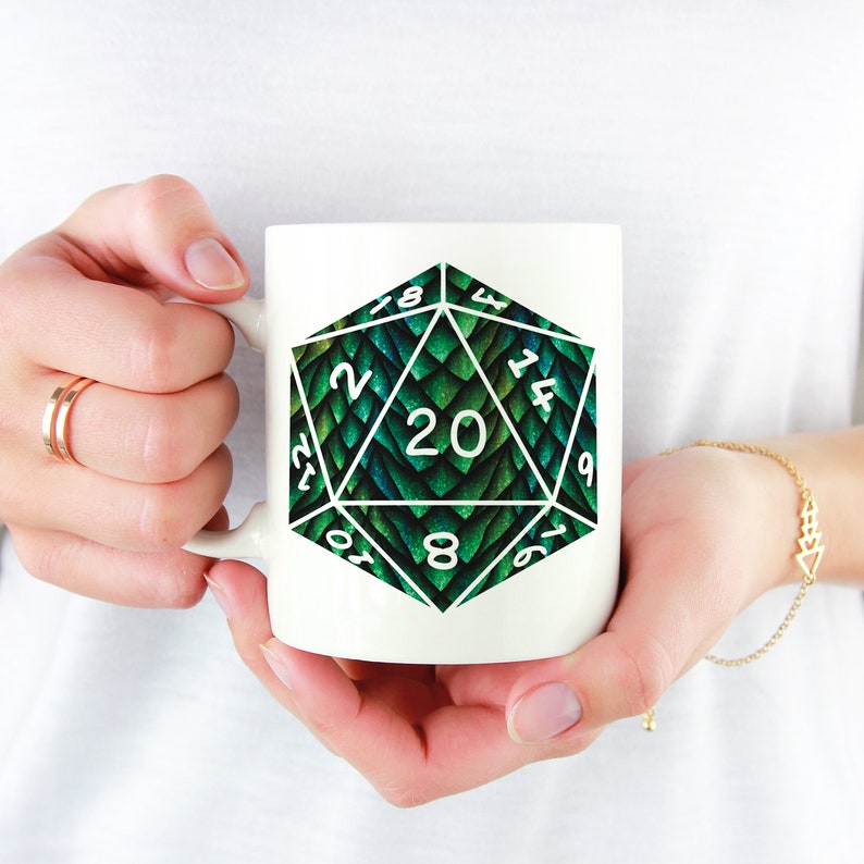 D20 Green Dragon Scales Mug 11oz White Ceramic Mug for fans of Tabletop Role Playing Games such as Dungeons and Dragons DnD, D&D image 1