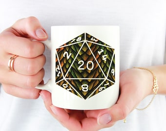 D20 Bronze Dragon Scales Mug | 11oz White Ceramic Mug for fans of Tabletop Role Playing Games such as Dungeons and Dragons (DnD, D&D)
