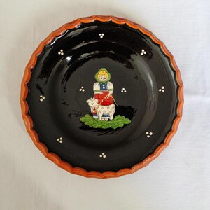 Vintage Hungarian Pottery Plate, Black Glaze Scalloped Terracotta, Hand Painted Peasant Art, European Folk Art Wall Hanging, 7 inch