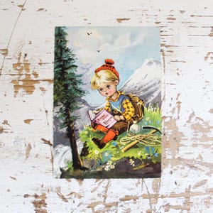 Cartão postal vintage ilustrado em estilo tirolês, cartão de felicitações vintage não utilizado, cartão de felicitações dos anos 1950, cartão de felicitações retrô, cartão postal infantil antigo