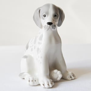 May include: A ceramic figurine of a seated dog with a white body and gray markings. The dog has gray ears and a gray patch on its head. The figurine has a glossy finish and is detailed with black eyes and nose.