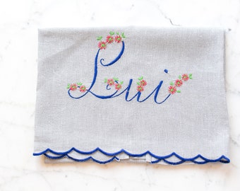 Vintage Pure Linen Embroidered Towel, Embroidered Bath Towel with the Word "Lui" (He)