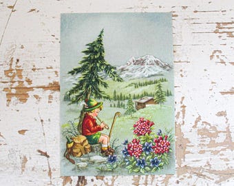 Vintage Tiroler Kinder Postkarte: Bergszene, ungebraucht 1950er Jahre Grüße