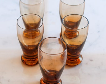 5 Liquor GLASSES in vintage smoked glass, Vintage liqueur glasses, smokey smoky glassware