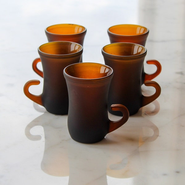 5 Brown Glass 60s Italian espresso cups, vintage liqueur glasses, pair of retro amber brown coffee cups, demitasse espresso glasses