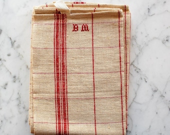 French Antique Kitchen Linen Torchon / Tea Towel, Dish Towels, Pure Linen, Red Check, Monogram, Fine Quality - Unused