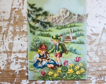 Alte Tiroler Postkarte: Kinder mit Rehkitz am Berg