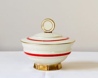 Vintage deutsche Porzellanschale mit Deckel aus der Mitte des 20. Jahrhunderts | Fein Bayreuth Bonboniere in Rot und Gold aus den 1950er Jahren, Schmuckdose mit Deckel, achteckiger Sockel