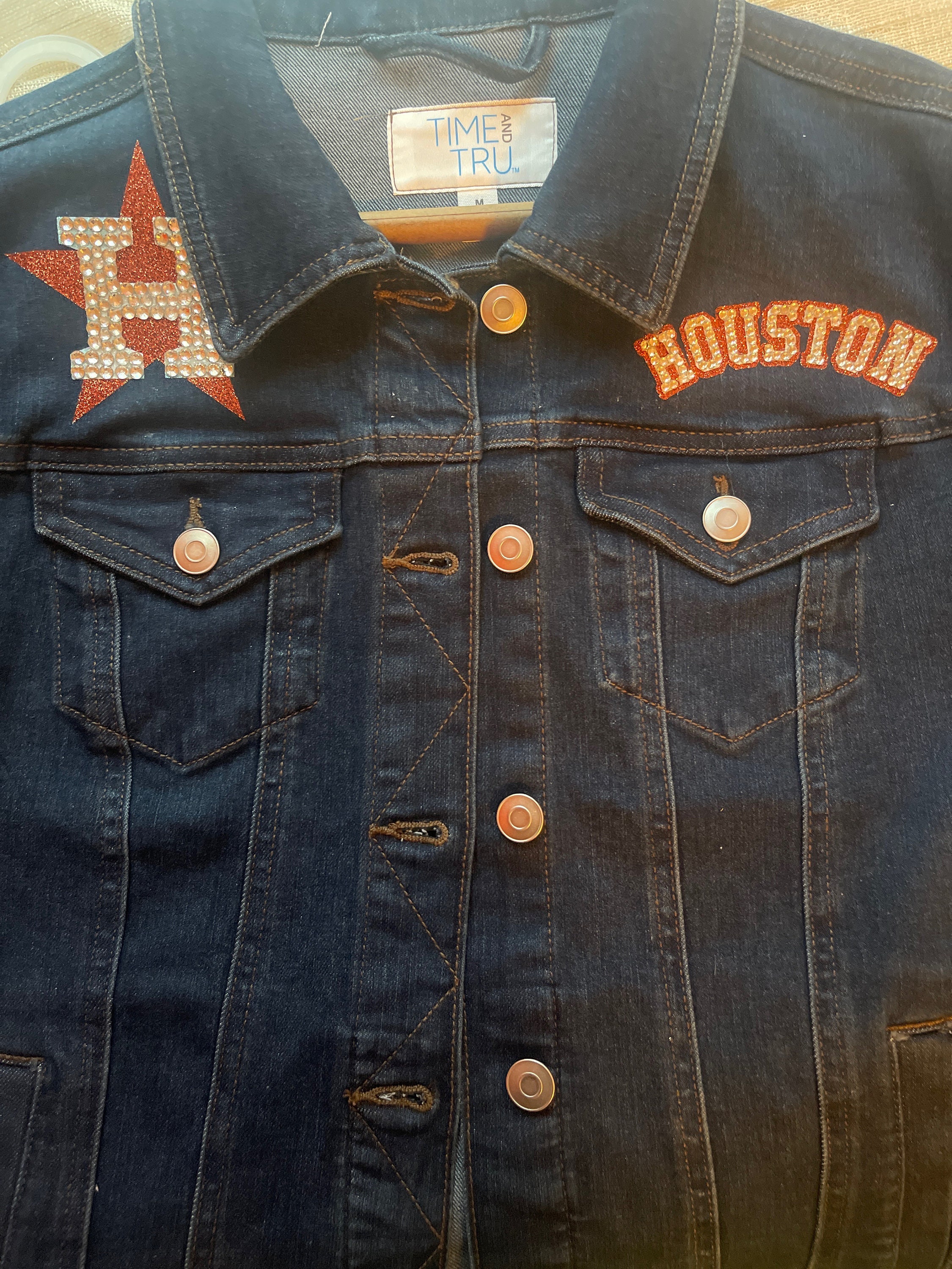 Rhinestone Astros Jean Jacket-dark Denim-custom Made - Etsy