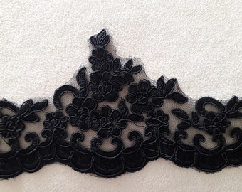 Black Alencon Embroidered Corded Lace Trim Lot