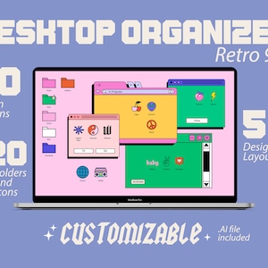 Puede incluir: Una pantalla de portátil muestra un organizador de escritorio retro de los años 90 con varias ventanas e iconos coloridos. El diseño incluye 30 opciones de pantalla, más de 120 carpetas e iconos y 5 diseños. El texto "CUSTOMIZABLE" también es visible.