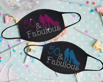 50 and Fabulous Cursive Bling Rhinestone Birthday Shirt BD58