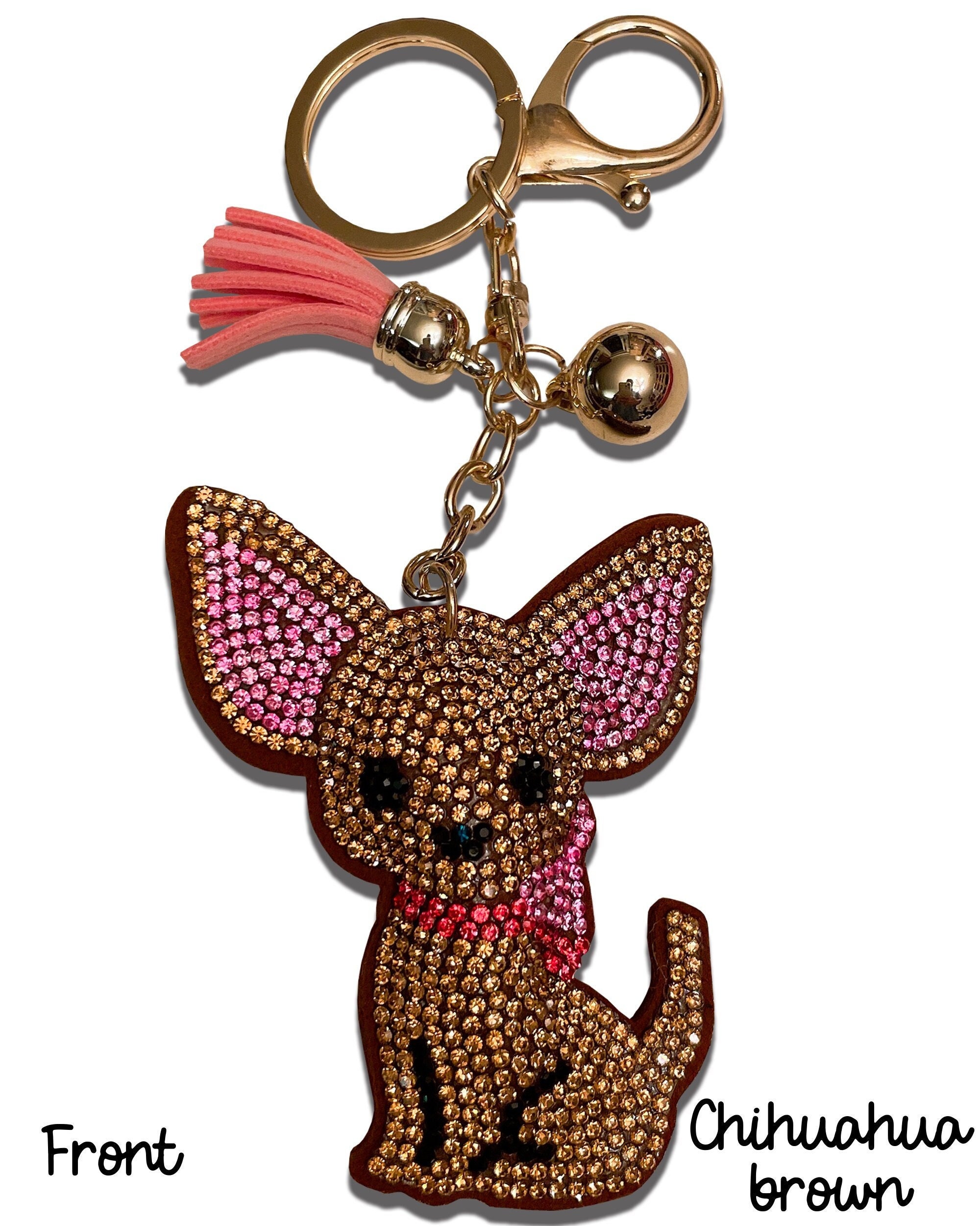 Goldenhorn Chihuahua Crystal Rhinestone Dog Keychain, Key Fob or Purse or Backpack Charm 2 Colors Tan