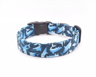 Shark Dog Collar, Navy Blue Sharks, Adjustable Buckle or Martingale Collar, Handmade to Order
