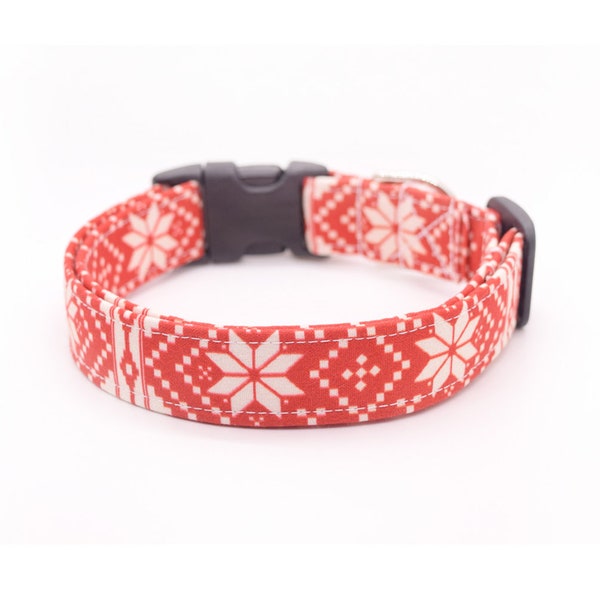 Red & White Nordic Pattern Dog Collar, Winter Christmas Dog Collar, Adjustable Buckle or Martingale Collar, Handmade to Order