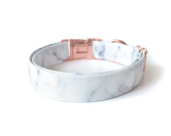 White Marble Dog Collar, Plastic or Metal Hardware, Rose Gold Dog Collar, Designer Dog Collar, Adjustable Collar, Buckle or Martingale
