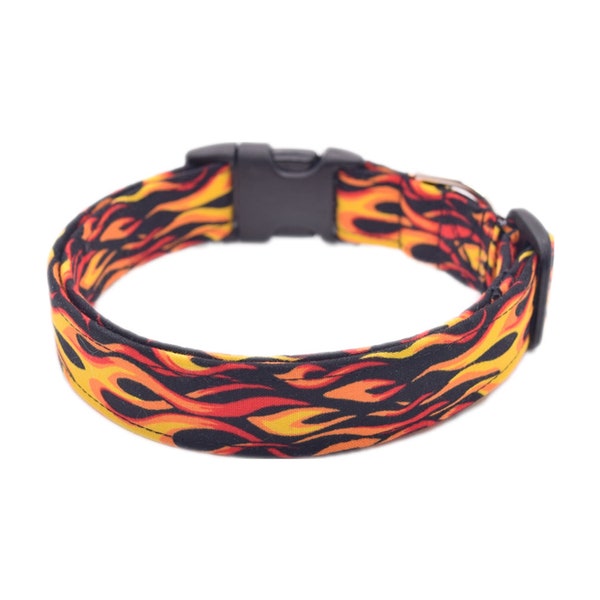 Flame Dog Collar, Black with Red Yellow and Orange Flames Dog Collar, Handmade Buckle or Martingale Collar