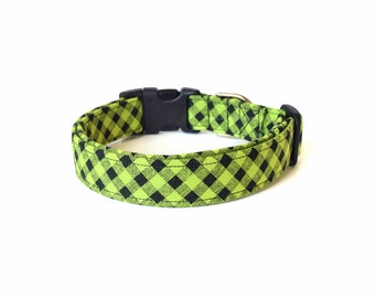 Green Dog Collar, Green Plaid Dog Collar, Lime Green Collar, Modern Dog Collar, Designer Dog Accessories, Cute Pet Accessory, Green Black