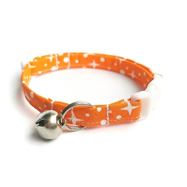 Orange Cat Collar, Breakaway Cat Collar, Orange Stars, Space Print, Retro Style