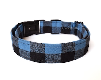 Blue Buffalo Plaid Dog Collar, Blue Plaid Dog Collar, Designer Dog Accessories, Pet Accessories, Adjustable Fabric Collar, Plastic or Metal