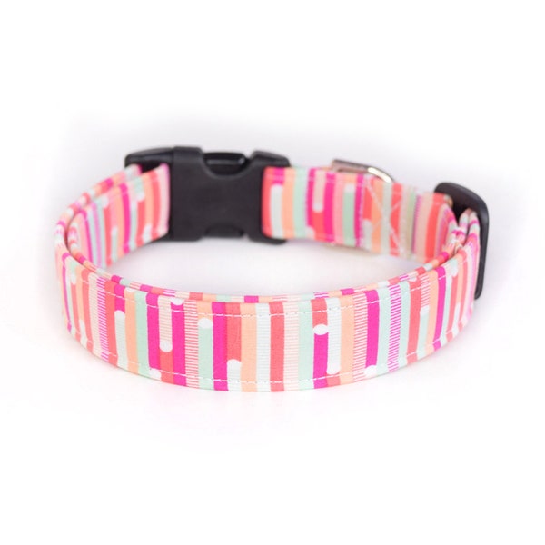 Coleira de cachorro moderna com listras rosa, fivela ou coleira Martingale, ajustável e feita à mão sob encomenda