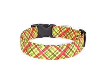 Red & Green Plaid Dog Collar, Christmas Dog Collar, Holiday Pet Accessories, Festive Collar