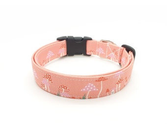 Pink Mushrooms Dog Collar, Designer Dog Accessory, Mushroom Pattern, Pet Accessory, Adjustable Fabric Dog Collar, Modern Unique Dog Collar